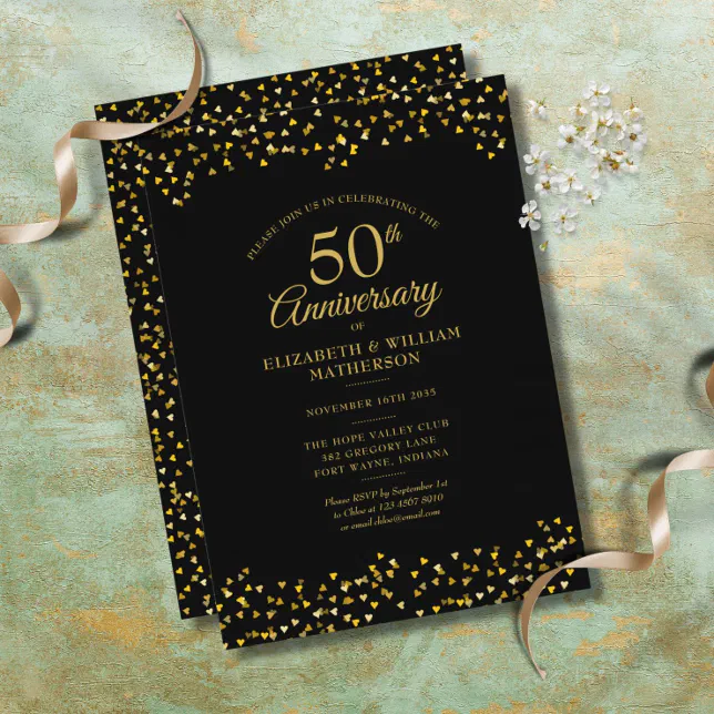 50th Wedding Anniversary Black Gold Love Hearts Invitation | Zazzle