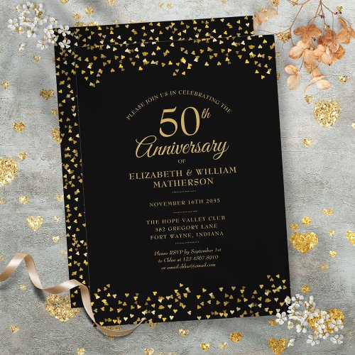 50th Wedding Anniversary Black Gold Love Hearts  Invitation