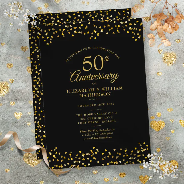 50th Wedding Anniversary Black Gold Love Hearts Invitation | Zazzle