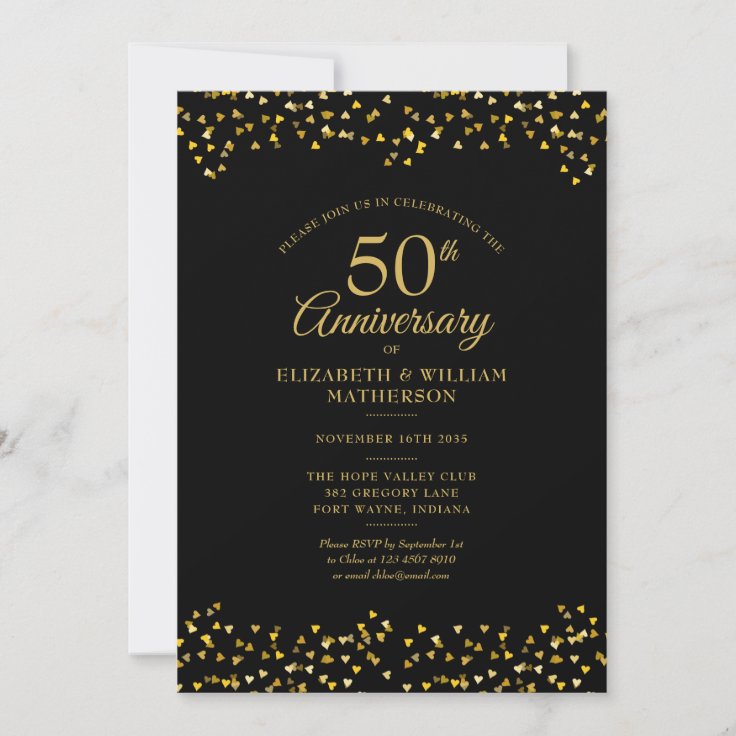 50th Wedding Anniversary Black Gold Love Hearts Invitation | Zazzle