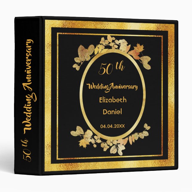 50th wedding anniversary black gold monogram 3 ring binder (Front/Spine)