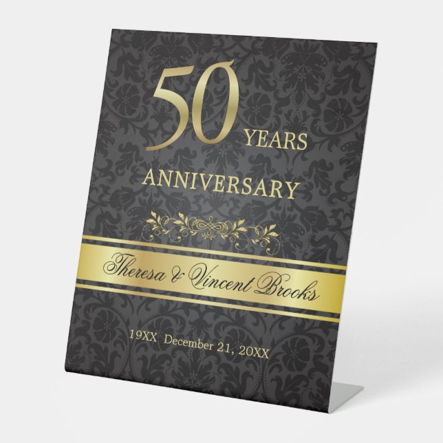 50th Wedding Anniversary Black Gold  Pedestal Sign (Front)