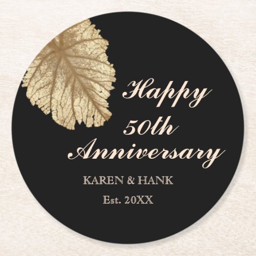 50th Wedding Anniversary Black Gold Personalized Round Paper Coaster