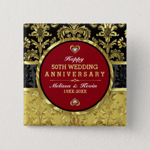 50th Wedding Anniversary Black Gold & Red Button