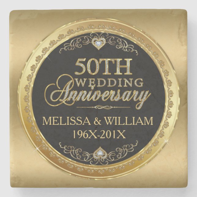 50th Wedding Anniversary Black & Gold Stone Coaster (Front)