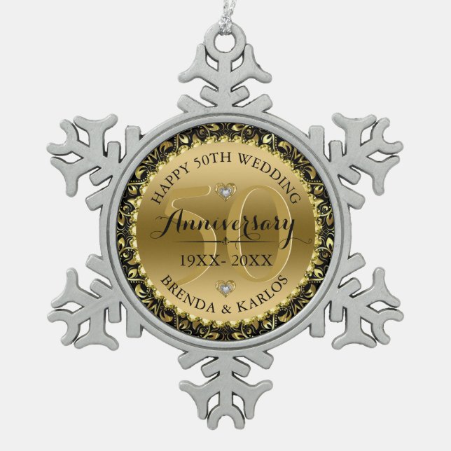 50th wedding anniversary black & gold swirly frame snowflake pewter christmas ornament (Front)