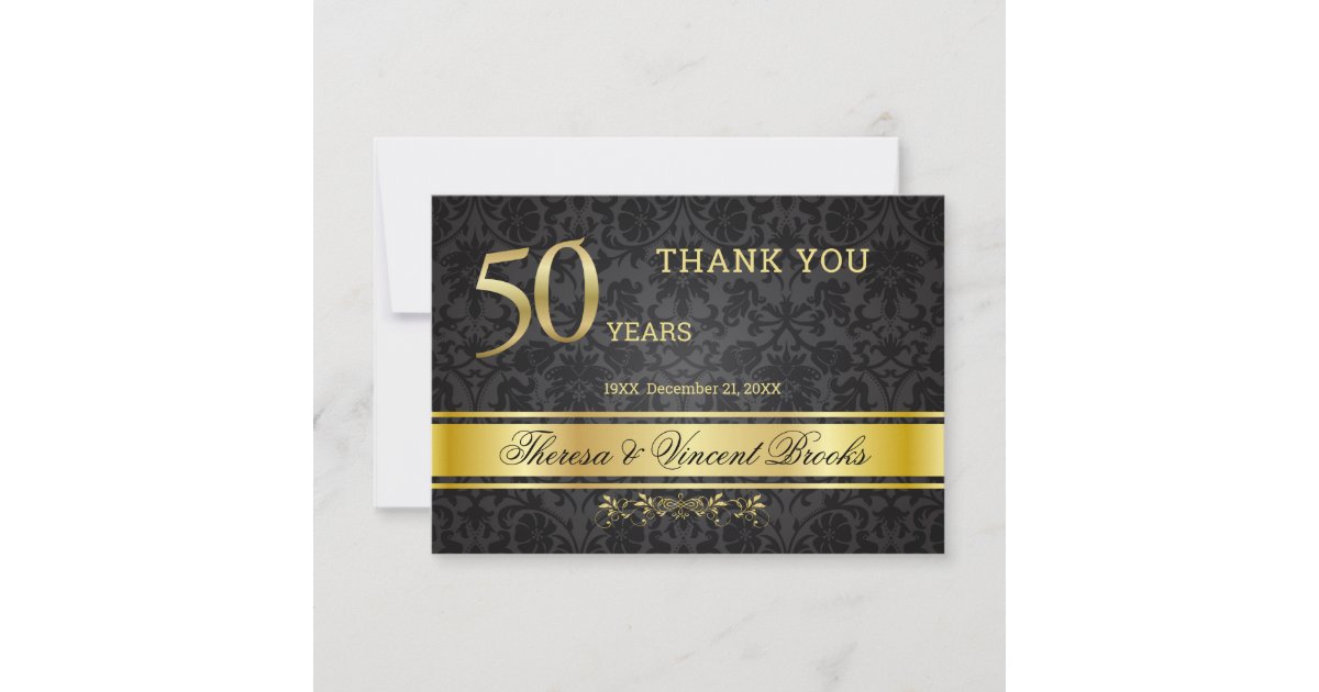 50th Wedding Anniversary Black Gold Thank You Card | Zazzle