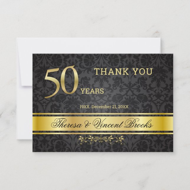 50th Wedding Anniversary Black Gold Thank You Card (Front)