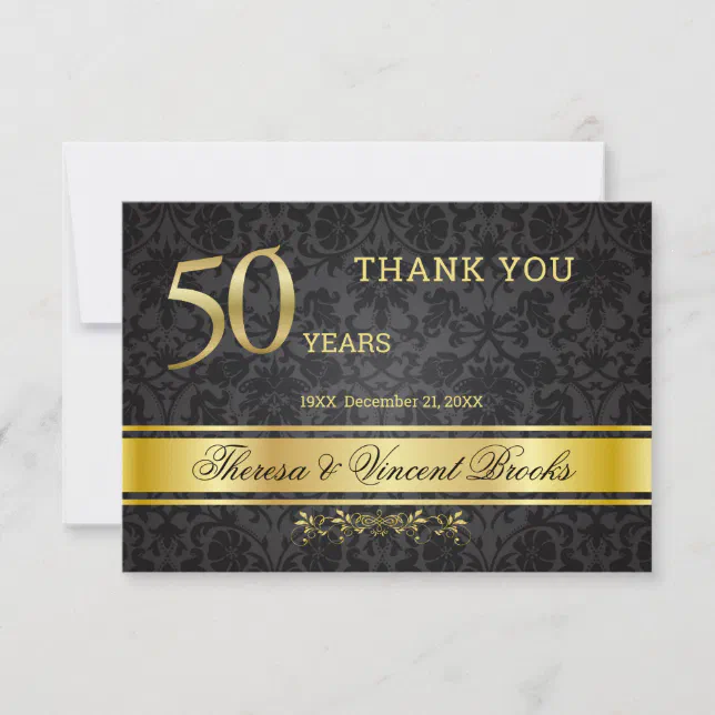 50th Wedding Anniversary Black Gold Thank You Card | Zazzle