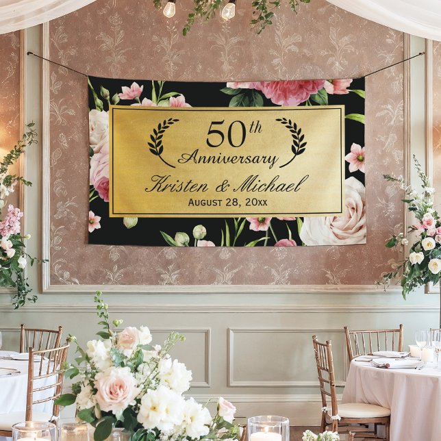 50th Wedding Anniversary Black Gold Vintage Floral Banner (Creator Uploaded)
