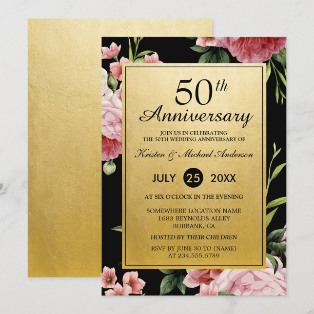 50th Wedding Anniversary Black Gold Vintage Floral Invitation (Front/Back)