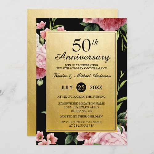 50th Wedding Anniversary Black Gold Vintage Floral Invitation