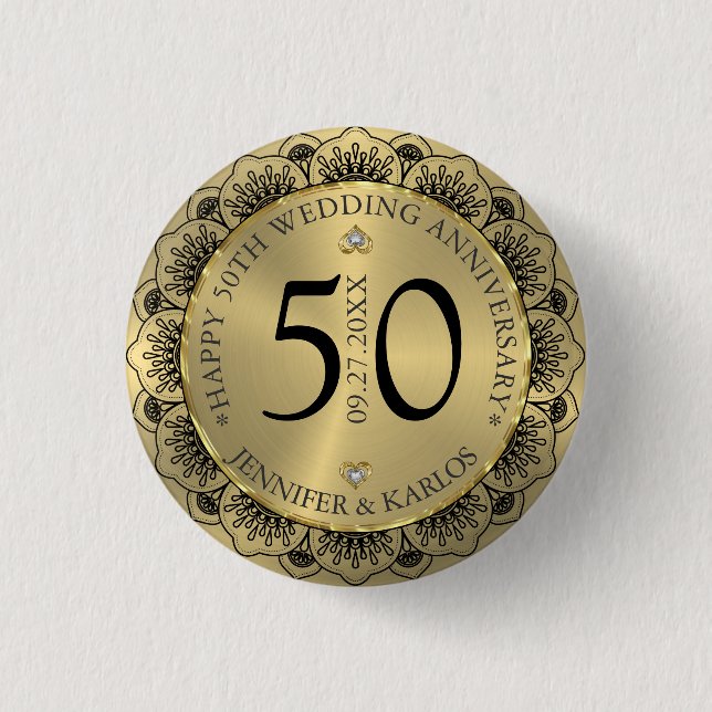 50th wedding anniversary black lace & gold  button (Front)