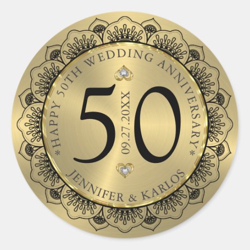 50th wedding anniversary black lace  gold classic round sticker