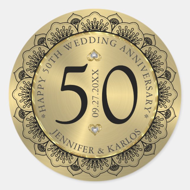 50th wedding anniversary black lace & gold classic round sticker (Front)