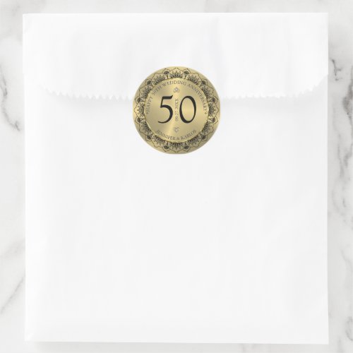 50th wedding anniversary black lace  gold classic round sticker