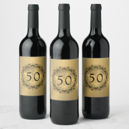 50th wedding anniversary black lace & gold wine label
