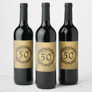 50th wedding anniversary black lace & gold wine label