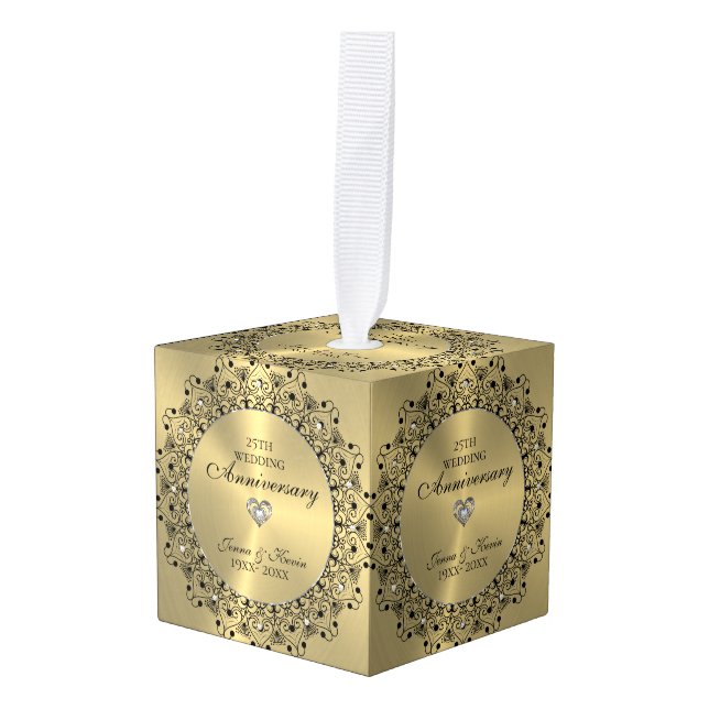 50th Wedding Anniversary Black Mandala On Gold Cube Ornament (Front Angled)