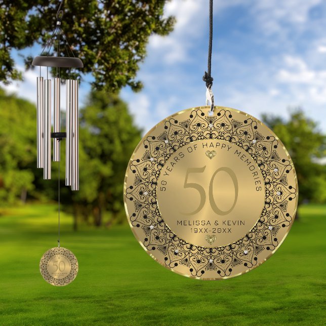 50th Wedding Anniversary Black Mandala On Gold Wind Chime (Outdoor)