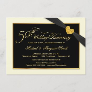 50th Wedding Anniversary Black Ribbon Invitations by SquirrelHugger at Zazzle
