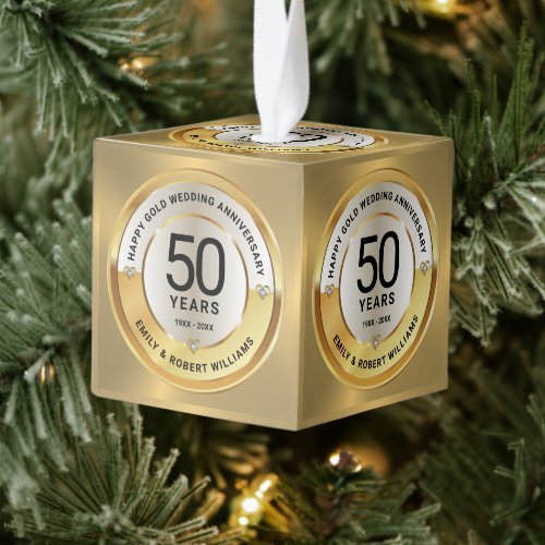50th wedding anniversary black text on gold cube ornament