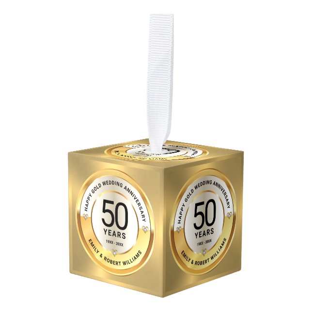 50th wedding anniversary black text on gold cube ornament (Front Angled)