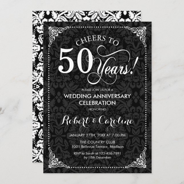 50th Wedding Anniversary - Black White Damask Invitation (Front/Back)
