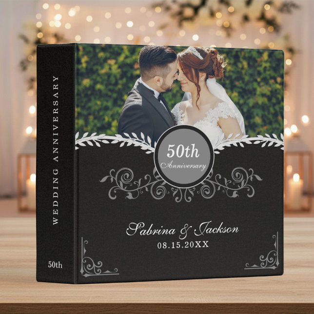 50th Wedding Anniversary Black White Floral 3 Ring Binder (Creator Uploaded)