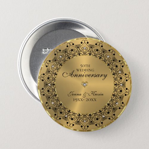 50th Wedding Anniversary BlackMandala On Gold Button