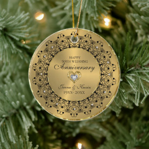 50th Wedding Anniversary BlackMandala On Gold Ceramic Ornament