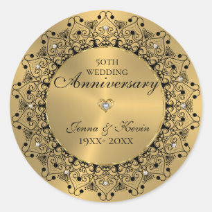 50th Wedding Anniversary BlackMandala On Gold Classic Round Sticker