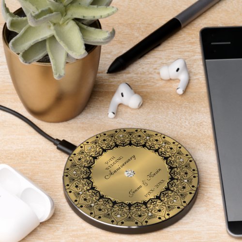 50th Wedding Anniversary BlackMandala On Gold Wireless Charger