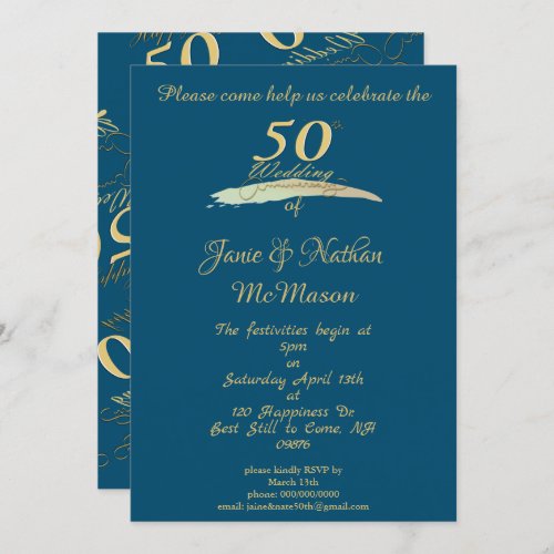 50th Wedding Anniversary Blue Golden Invitations