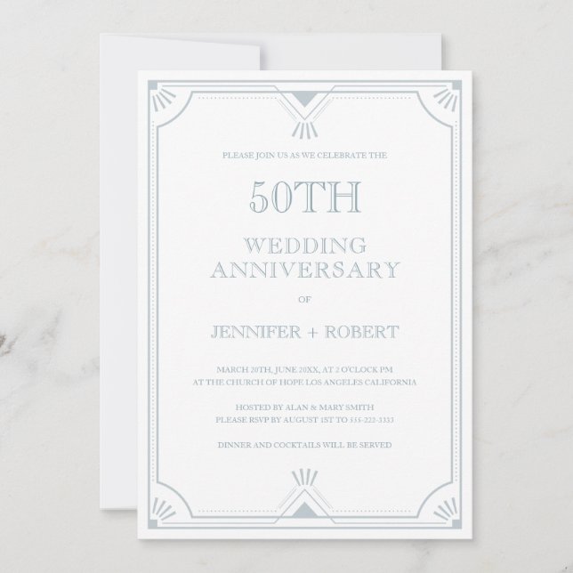 50th wedding Anniversary Blue-gray art Deco Frame Invitation (Front)
