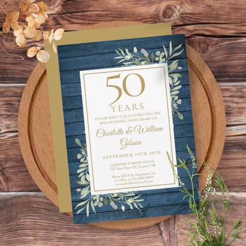 50th Wedding Anniversary Blue Rustic Wood Greenery Invitation