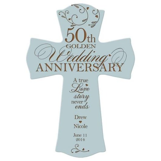 50th Wedding Anniversary Blue Wooden Wall Cross (Front View)