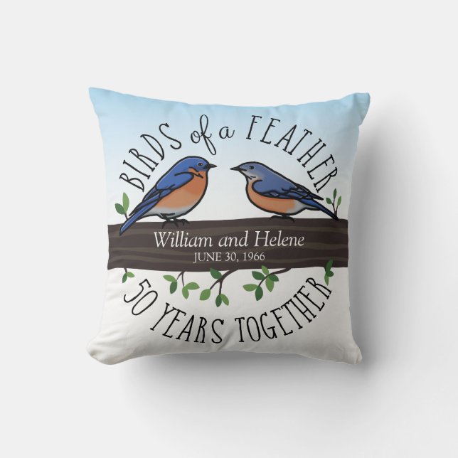 50th Wedding Anniversary, Bluebirds of a Feather Throw Pillow (Front)