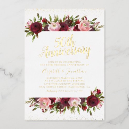 50th Wedding Anniversary Burgundy Blush Gold Foil Invitation