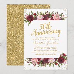 50th Wedding Anniversary Burgundy Blush Gold Invitation