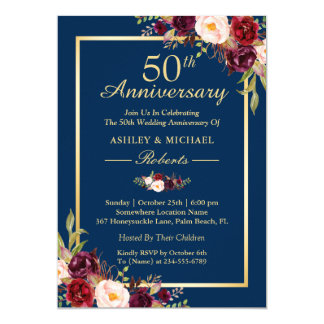 50th Wedding Anniversary Burgundy Floral Navy Blue Card
