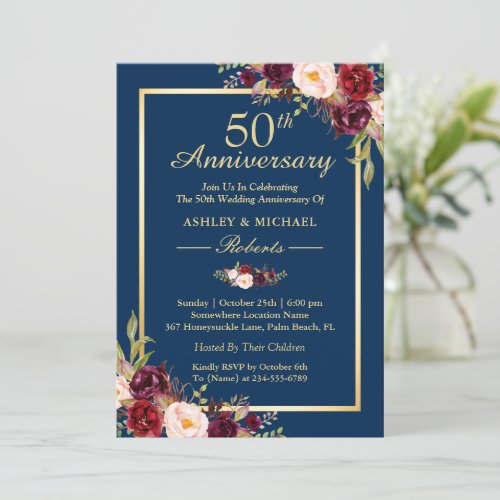 50th Wedding Anniversary Burgundy Floral Navy Blue Invitation