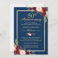 50th Wedding Anniversary Burgundy Floral Navy Blue Invitation
