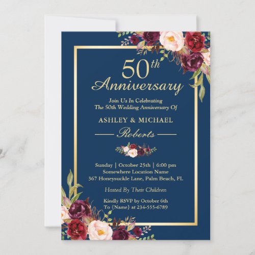 50th Wedding Anniversary Burgundy Floral Navy Blue