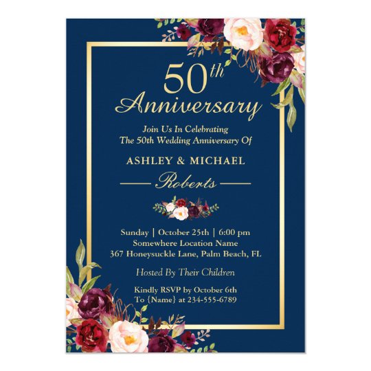 50th wedding anniversary burgundy floral navy blue invitation