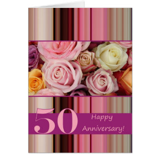50th Wedding Anniversary Card -Pastel roses stripe