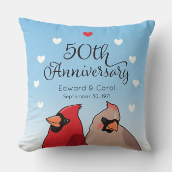 50th Wedding Anniversary  Cardinal Bird Pair Throw Pillow by DuchessOfWeedlawn at Zazzle