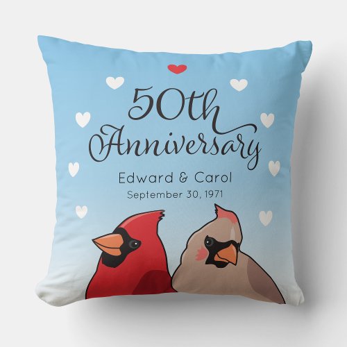 50th Wedding Anniversary Cardinal Bird Pair Throw Pillow