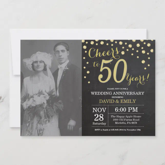 50th Wedding Anniversary Chalkboard Black and Gold Invitation | Zazzle