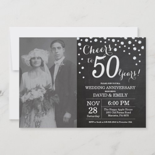 50th Wedding Anniversary Chalkboard Black Silver Invitation